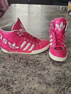 adidas Hot Pink High-Top Sneakers with White Stripes